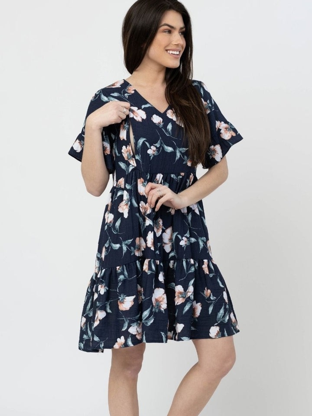 Nursing Queen Navy Floral V-Neck Tiered Maternity & Zip Nursing Dress